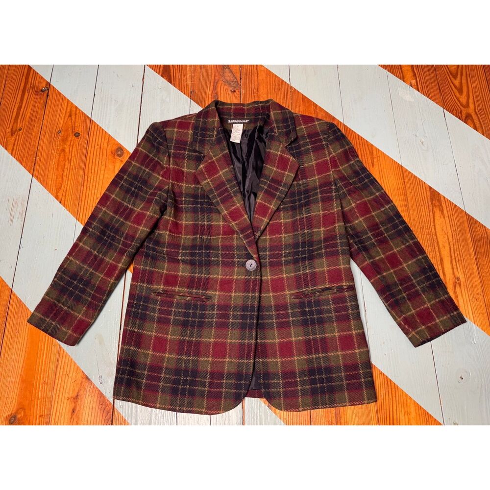 Vintage SAVANNAH Wool Blend Plaid Blazer 6P Burgundy Green Navy Preppy Academia - Picture 2 of 7